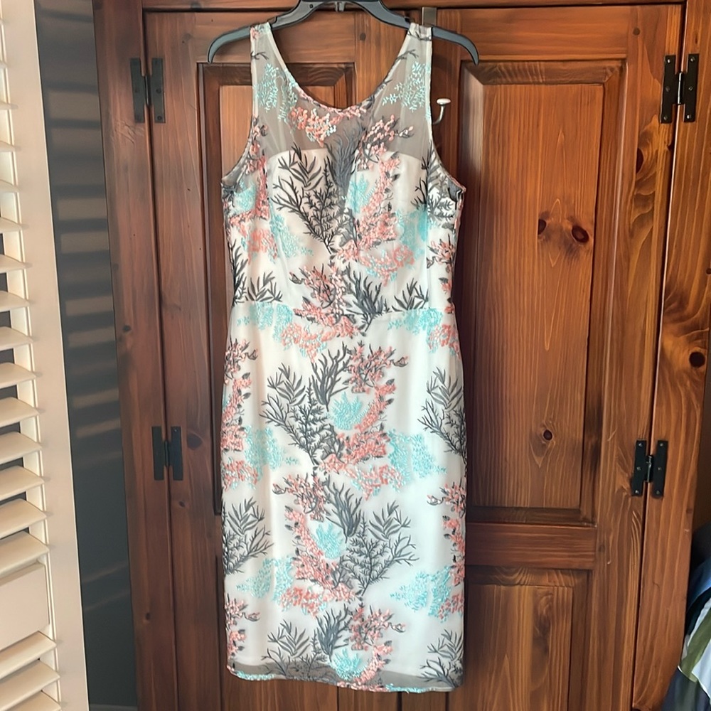 Nicole Miller NY Cocktail Dress Sheer Mesh Embroidered Aqua Mist Coral White 12